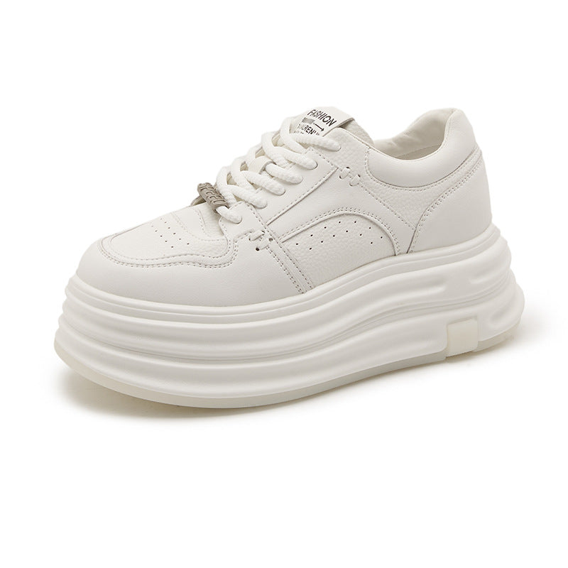2025 Women’s Genuine Leather Thick‑Sole Platform White Sneakers – Korean‑Style Hidden Lift Casual Student Shoes