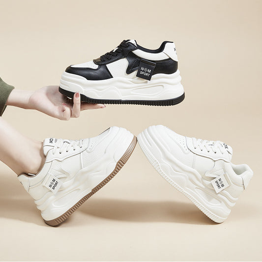 2025 Women’s Platform White & Black Faux‑Fur Lined Sneakers – Lace‑Up Thick‑Sole Interior Height Kit Casual Shoes