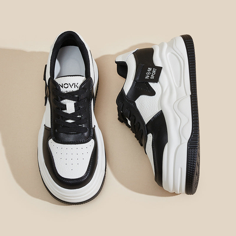 2025 Women’s Platform White & Black Faux‑Fur Lined Sneakers – Lace‑Up Thick‑Sole Interior Height Kit Casual Shoes