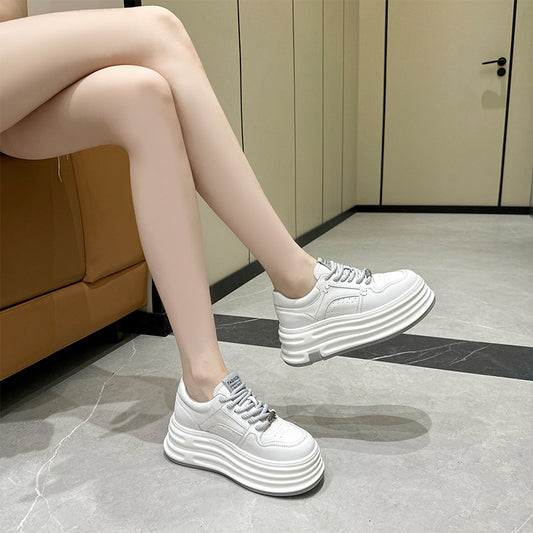 2025 Women’s Genuine Leather Thick‑Sole Platform White Sneakers – Korean‑Style Hidden Lift Casual Student Shoes