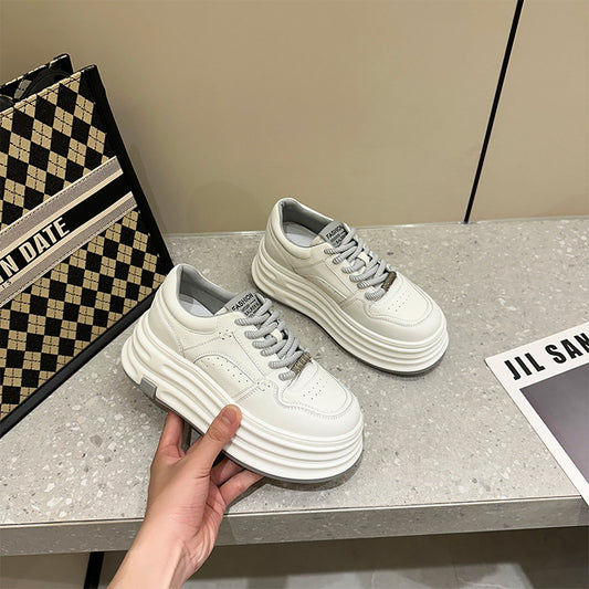2025 Women’s Genuine Leather Thick‑Sole Platform White Sneakers – Korean‑Style Hidden Lift Casual Student Shoes